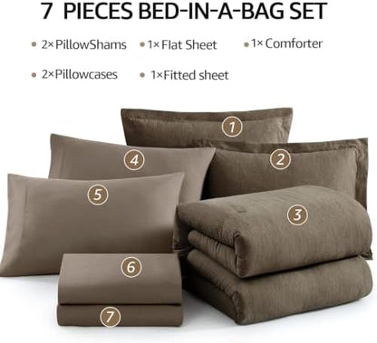 Monbix Queen Comforter Set 7 Pieces Cationic Dyeing Taupe Grey Bed in a Bag