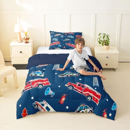 Feelyou Fire Truck Comforter Set Toddler Size Police Car Bedding Set for Kids Boys Girls Ambulance Cartoon Car Duvet Quilt Bedroom Decor Microfiber 2 Pcs with 1 Pillow Case