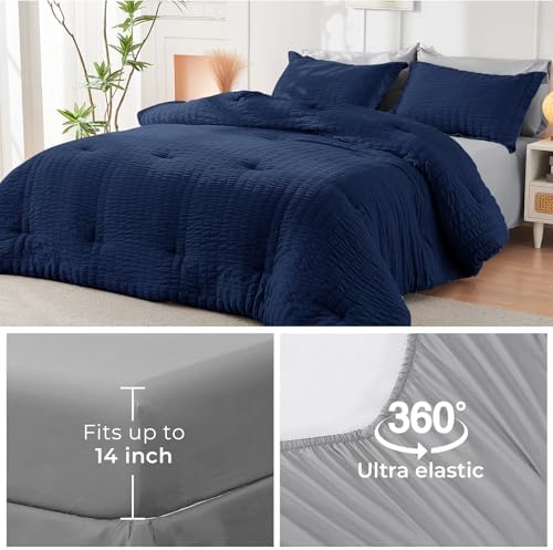 HYMOKEGE Navy Blue/Light Grey Oversized Queen Comforter Set Seersucker 7 Pieces, All Season Luxury Bed in a Bag for Bedroom, Bedding Set with Comforter, Sheets, Pillowcases & Shams