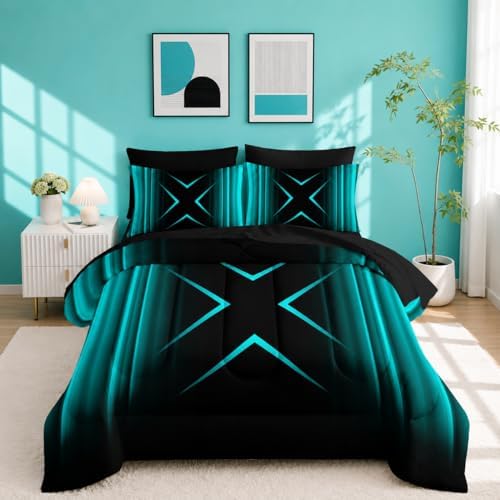 Nttopship Turquoise Black Geometric Comforter Set King Size 7Pieces,3D Abstract Mordern Printed Bedding Set for Adults,Geometric Mordern Decor All Seasons with Pillowcases,Flat, Fitted Sheet