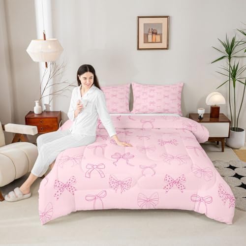 jejeloiu Bowknot Kids Comforter Set King Size Pink Bow Bedding Set Dreamy Princess Style Duvet Quilt for Kids Boys Girls Bedroom Pink Bow Tie Decor Microfiber Ultra Soft Breathable