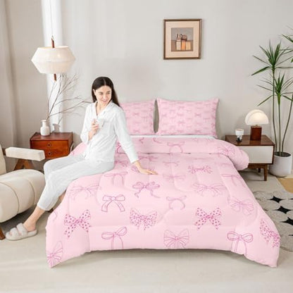 jejeloiu Bowknot Kids Comforter Set King Size Pink Bow Bedding Set Dreamy Princess Style Duvet Quilt for Kids Boys Girls Bedroom Pink Bow Tie Decor Microfiber Ultra Soft Breathable