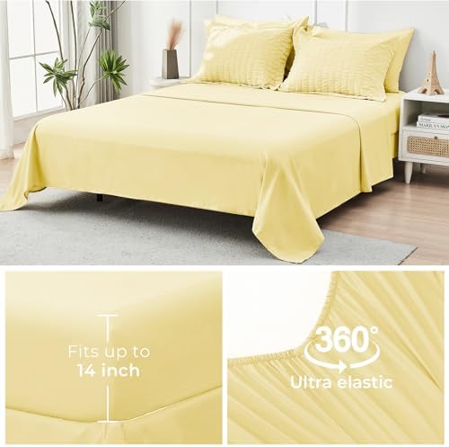 HYMOKEGE Yellow Queen Comforter Set Seersucker 7 Pieces, All Season Luxury Bed in a Bag Queen for Bedroom, Bedding Set with Comforter, Sheets, Pillowcases & Shams