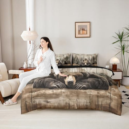 Erosebridal 7 Pcs Grizzly Bear Bedding Set Queen Hunting Wild Animal Comforter Set Rustic Farmhouse Cabin Bed in a Bag Western Country Quilt with Flat Fitted Sheet Vintage Forest Wildlife Room Decor