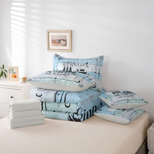 Erosebridal 7Pcs Camper Decorations Bedding Set for Boys King Size, Happy Camping Comforter Set, Boho Sun Moon Bedding Comforter Sets, Vintage Wooden Planks Sheet Set Rustic Farmhouse Decor, Blue