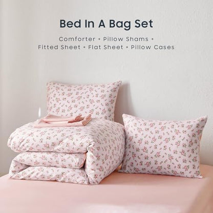 Wake In Cloud - Floral Comforter Set with Sheets, Coquette Cottagecore Aesthetic Flower Shabby Chic Pattern for Women Teen Girls, 7 Pieces Bed in a Bag, Pink, Queen Size