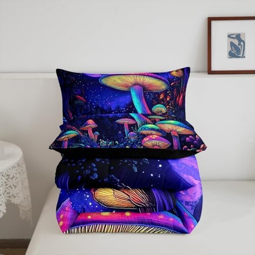 jejeloiu Cute Mushroom Comforter Set Toddler Size Kids Cartoon Mushrooms Bedding Set Boys Girls Kawaii Fungus Decor Duvet Breathable Starry Night Sky Quilt Bedroom Decor,1 Comforter with 1 Pillowcase