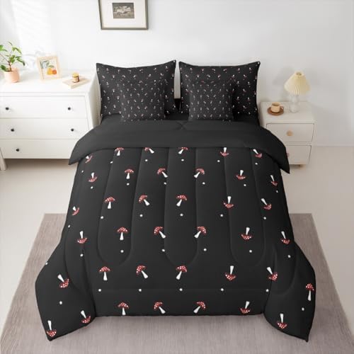 Erosebridal Cute Mushroom Queen Comforter Set 7 Pieces, Kid Cartoon Kawaii Bed in A Bag, Lovely Natural Wild Plants Fungus Bedding Set with Comforters, Sheets, Pillowcases Black Red Bedroom Decor