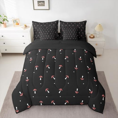 Erosebridal Cute Mushroom Queen Comforter Set 7 Pieces, Kid Cartoon Kawaii Bed in A Bag, Lovely Natural Wild Plants Fungus Bedding Set with Comforters, Sheets, Pillowcases Black Red Bedroom Decor