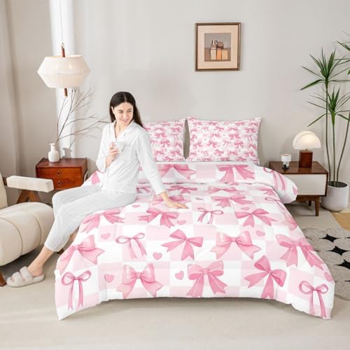 jejeloiu Watercolor Bow Kids Comforter Set Toddler Size Pink Bow Bedding Set Dreamy Princess Style Duvet Quilt for Kids Boys Girls Bedroom Decor Microfiber Ultra Soft Breathable