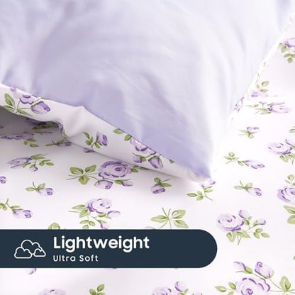 Wake In Cloud - Floral Comforter Set with Sheets, Coquette Cottagecore Aesthetic Flower Shabby Chic Pattern for Women Teen Girls, 5 Pieces Bed in a Bag, White Purple, Twin Size