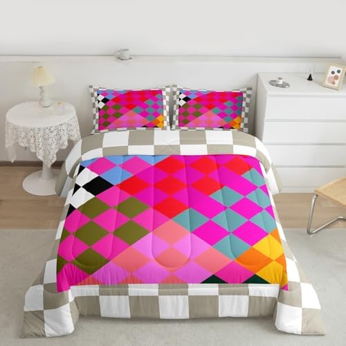 Checkered Geometric Comforter Set All Season Retro Rose Pink Beige Brown Plaid Bedding Set with 1 Pillow Cases Checkerboard Modern Aesthetic Kids Twin Bedclothes Reversible Grey Decor Duvet Quilt