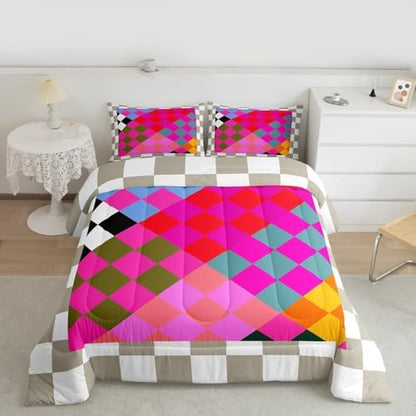 Checkered Geometric Comforter Set All Season Retro Rose Pink Beige Brown Plaid Bedding Set with 1 Pillow Cases Checkerboard Modern Aesthetic Kids Twin Bedclothes Reversible Grey Decor Duvet Quilt