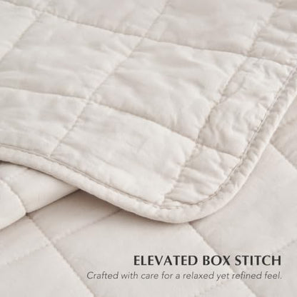 EVERGRACEHOME 100% Cotton Box Stitch Quilt Set, Oversized King, Birch