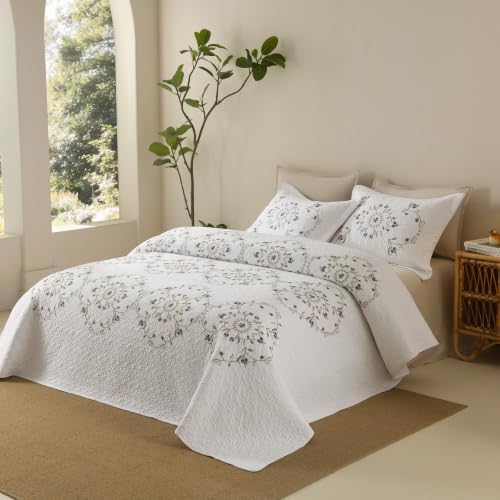 MarCielo 3pcs Cotton Quilt Set White Gray Floral