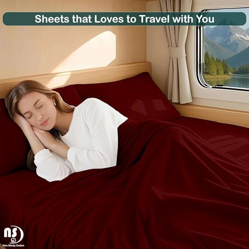 NON Sticky cotton RV Short Queen 4 Piece Sheet Set, 100% Long Staple Cotton, Soft Cooling Hotel Luxury Bedding Sheets, Deep Pocket Fits 15" Mattress, 60" x 75", Burgundy Solid