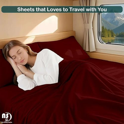 NON Sticky cotton RV Short Queen 4 Piece Sheet Set, 100% Long Staple Cotton, Soft Cooling Hotel Luxury Bedding Sheets, Deep Pocket Fits 15" Mattress, 60" x 75", Burgundy Solid