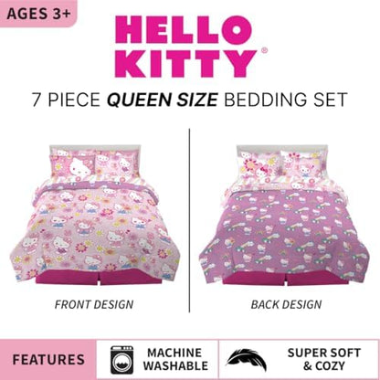 Hello Kitty Kids Bedding Super Soft Comforter and Sheet Set with Sham, 7 Piece Queen Size, (Officially Licensed Product) By Franco