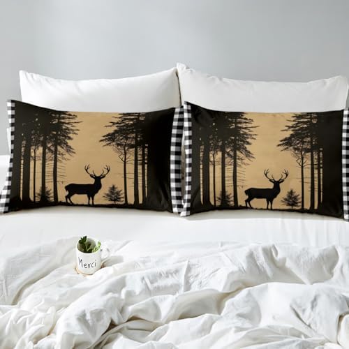 Erosebridal Deer Hunting Down Comforter for Kids, Rustic Elk Moose Quilt Queen Size, Black White Checkered Plaid Bedding Set Country Farmhouse Tree Comforter Set for Boys Teens Adult Bedroom Decor