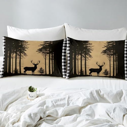 Erosebridal Deer Hunting Down Comforter for Kids, Rustic Elk Moose Quilt Queen Size, Black White Checkered Plaid Bedding Set Country Farmhouse Tree Comforter Set for Boys Teens Adult Bedroom Decor