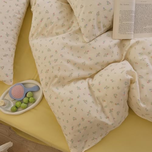 VM VOUGEMARKET Pink Blue Floral Duvet Cover Set Twin with Green Leaves Soft Breathable Muslin Cotton Bedding Set,Off-White Comforter Cover and 2 Pillowcases for Teen Girls