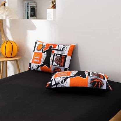Aimuan Sports Geometric Grid Black Patchwork Basketball Printed for Boys Twin 6Pcs Bed in A Bag Comforter Bedding Set (Orange, Twin 6Pcs)