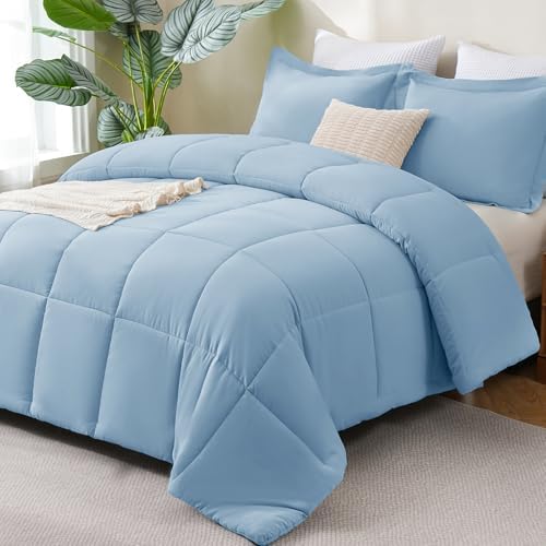 CozyLux Oversized Queen Comforter Set, 3-Piece Box-Stitched, Baby Blue