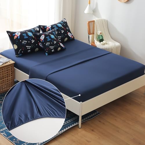 JQinHome Full Space Comforter Set for Kids,6 Piece Bed in A Bag 3D Galaxy Space Rocket Planets Bedding Set for Teens Boys Girls with Pillowcases,Flat Sheet,Fitted Sheet,Cushion Cover