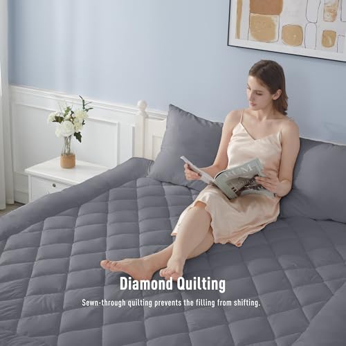 Queen Mattress Pad Cotton Quilted Cover, 8-22" Deep Pocket, Gray