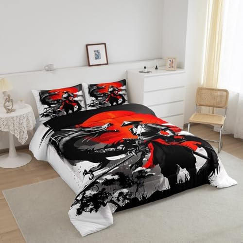Feelyou Kids Samurai Comforter Set Queen Size, Japanese Samurai Bedding Set Warrior Bushido Comforter for Boys Girls Black Dragon Duvet Insert Microfiber Bed Set