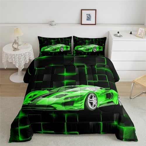 Feelyou Kids Green Race Car Comforter Set King Size Speed Sports Car Bedding Set for Boys Teens Decor Geometric Honeycomb Comforter Extreme Sports Duvet Set 3pcs