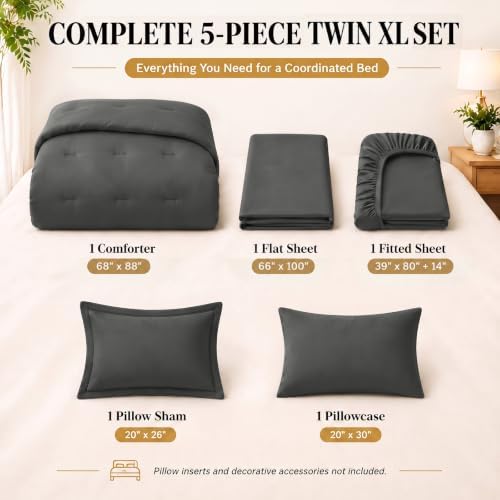 CozyLux Twin XL Comforter Dark Grey, 5 Pieces Bed in a Bag