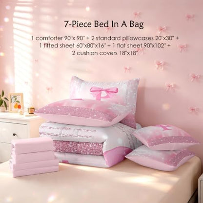 Feelyou Boys Girls Pink Bowknot 7 Pieces Bedding Set Queen Size