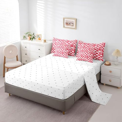 Fashion Trendy Y2K Comforter Set King Size Lucky 8 Ball 7 Piece Bedding Set For Kids Boys Girls,Funky Coquette Bow Bed In A Bag With Sheets Preppy Room Decor,Red White Simple Geometric Plaid Bed Set