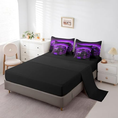 Feelyou Kids Teens Sports Car Bed in a Bag King Size Purple Race Car 7 Piece Bedding Set for Kids Teens Boys Girls Extreme Sports Theme Comforter Set with Sheets Speed Luxury Car Bed Set