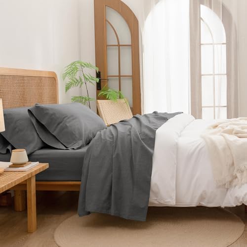 BESTOUCH Twin Washed Cotton Linen Feel Sheet Set 3pc Solid Dark Grey