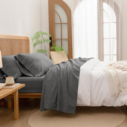 BESTOUCH Twin Washed Cotton Linen Feel Sheet Set 3pc Solid Dark Grey
