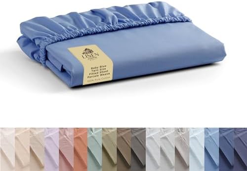 Linen Home 100% Cotton Percale Twin Size Fitted Sheet only, Baby Blue