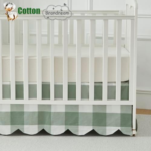 Brandream Scallop Edge Cotton Crib Skirt Toddler Bedskirt Baby Nursery Crib Bed Skirt Boho Bohemian Neutral Solid Color Sage Green Buffalo Plaid Gingham Farmhouse Chic Bedding Skirt