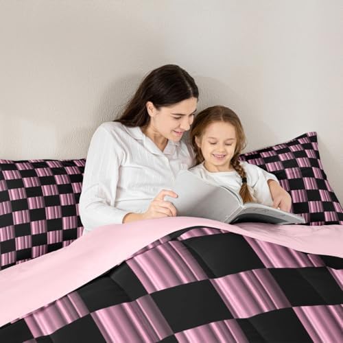 Feelyou Checkered Kids Comforter Set Twin Size Abstract Ombre Bedding Set Modern Geometric Pink Black Duvet Quilt for Kids Boys Girls Bedroom Cute Neutral Aesthetic Plaid Decor