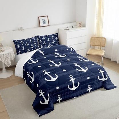 Manfei Anchor Comforter Set King Size, Nautical Theme Down Comforter with 2 Pillowcases, Rustic Farmhouse Navy Blue Bedding Set 3pcs for Kids Boys Teens Bedroom Decor Lightweight Duvet Insert