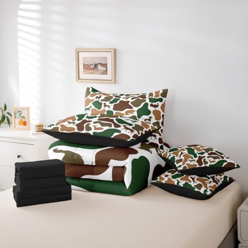Erosebridal Camo 7 Piece Bedding Set Twin Hunt Bear Comforter Set with Sheets Turkey Wolf Hound Deer Print Bed in a Bag Green White Camouflage for Kids Boys Girls