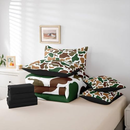 Erosebridal Camo 7 Piece Bedding Set Twin Hunt Bear Comforter Set with Sheets Turkey Wolf Hound Deer Print Bed in a Bag Green White Camouflage for Kids Boys Girls