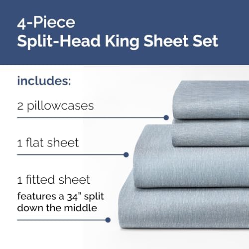 Flex Top Split Head King 4 Piece Sheet Set - Ultra-Soft - Heathered Blue