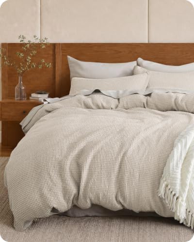 Bedsure PureWoven Cotton Waffle Duvet Cover Set, California King, Beige