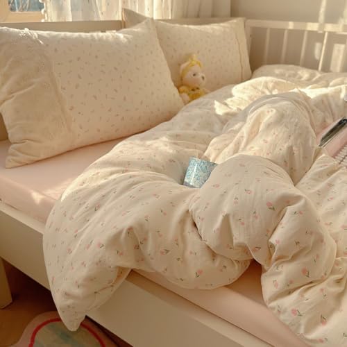 VM VOUGEMARKET Romantic Lace Duvet Cover Set with Pink Flower Pattern Queen Size Soft Lightweight Washed Microfiber Princess Duvet Cover with Zipper Ties 2 Pillowcases for College Dorm
