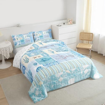 Ocean Shell Conch Comforter Set King Size,Geometric Stripes Plaid Quilt Set Vintage Sketch Coral Fish Bedding Set 3Pcs for Kids Girls Boys Adult Room Decor,Sea Blue Duvet Insert,2 Pillowcases