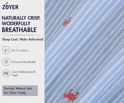 ZOYER 100% Cotton Sheets – Twin Size Percale Bedding, Cooling & Breathable, Durable with a Crisp, Soft & Comfortable Feel, 16" Deep Pocket, 3-Piece Set, Crab Stripe