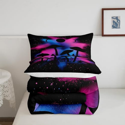 Castle Fairy Mushroom Silhouette Full Size Comforter Set Colorful Tie-dye Bedding Set for Kids Adults Teens Bohemian Comforter Luxury Fungus Plant Quilt Set Room Decor 3Pcs