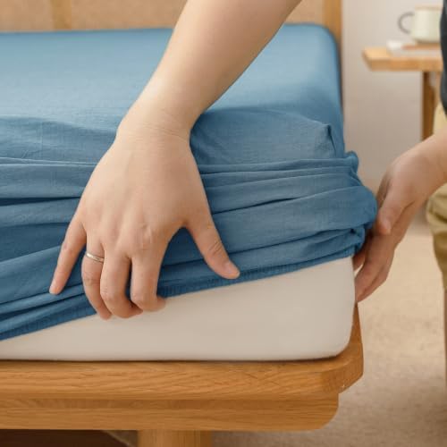 BESTOUCH Sheet Set 100% Washed Cotton Linen Feel Super Soft Comfortable Chic Lightweight 4 Pcs Home Bedding Set Solid Dark Blue Queen